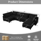 Wiilayok 130" Corduroy U-Shaped Modular Sectional Sofa 6-Seat Cloud Fluffy Couch Set for Living Room with Ottoman, USB Port, Cup Holder, Storage, Black