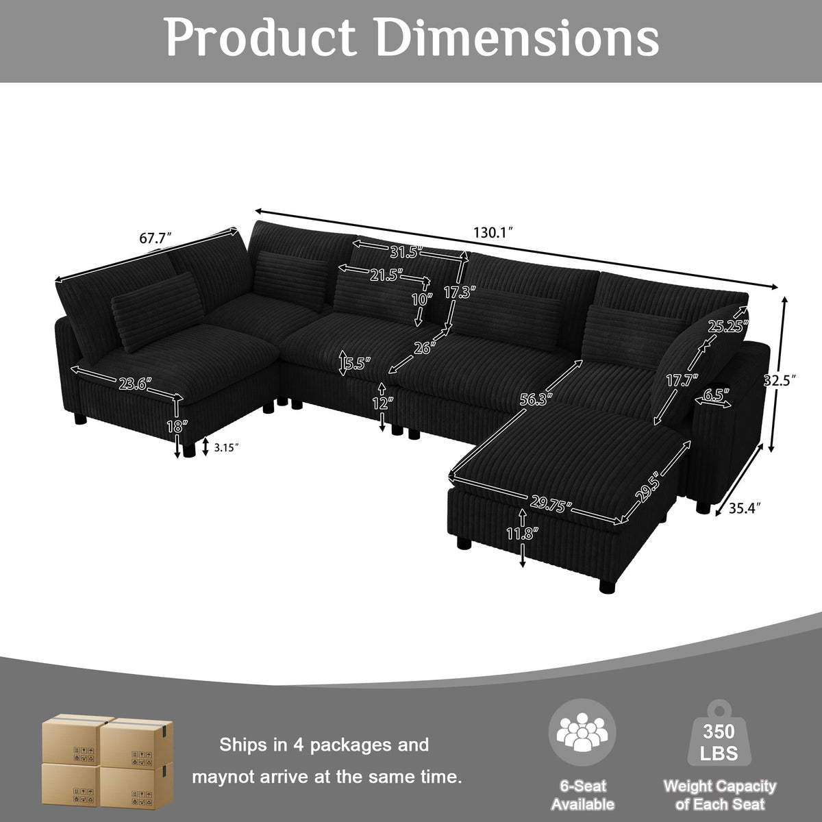 Wiilayok 130" Corduroy U-Shaped Modular Sectional Sofa 6-Seat Cloud Fluffy Couch Set for Living Room with Ottoman, USB Port, Cup Holder, Storage, Black