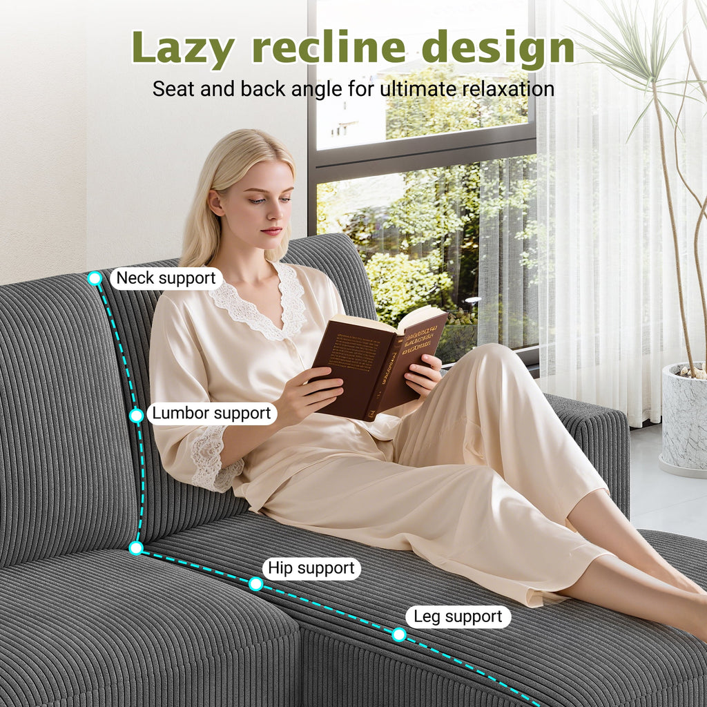 106" Corduroy Sofa for Living Room, U Shaped Couch, Wood Frame, Gray