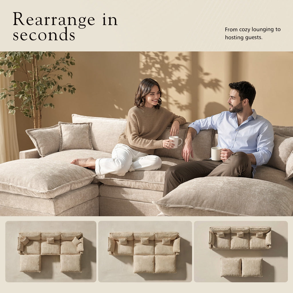 Toject 107.87" Modular Sectional Sofa U Shaped Cloud Couch, Chenille 4 Seat Deep Seat Sofa with 2 Movable Ottomans for Living Room Bedroom Apartment, Oatmeal