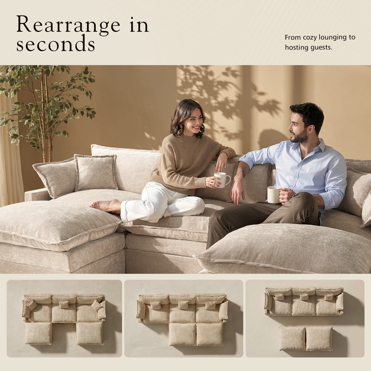 Toject 107.87" Modular Sectional Sofa U Shaped Cloud Couch, Chenille 4 Seat Deep Seat Sofa with 2 Movable Ottomans for Living Room Bedroom Apartment, Oatmeal