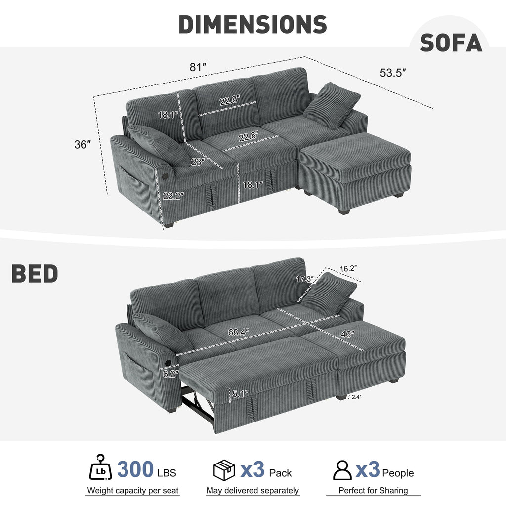 81" Sectional Sleeper Sofa With Pull Out Bed, Storage Ottoman & USB Charging, L Shape Modern Couch for Living Room, Corduroy Gray