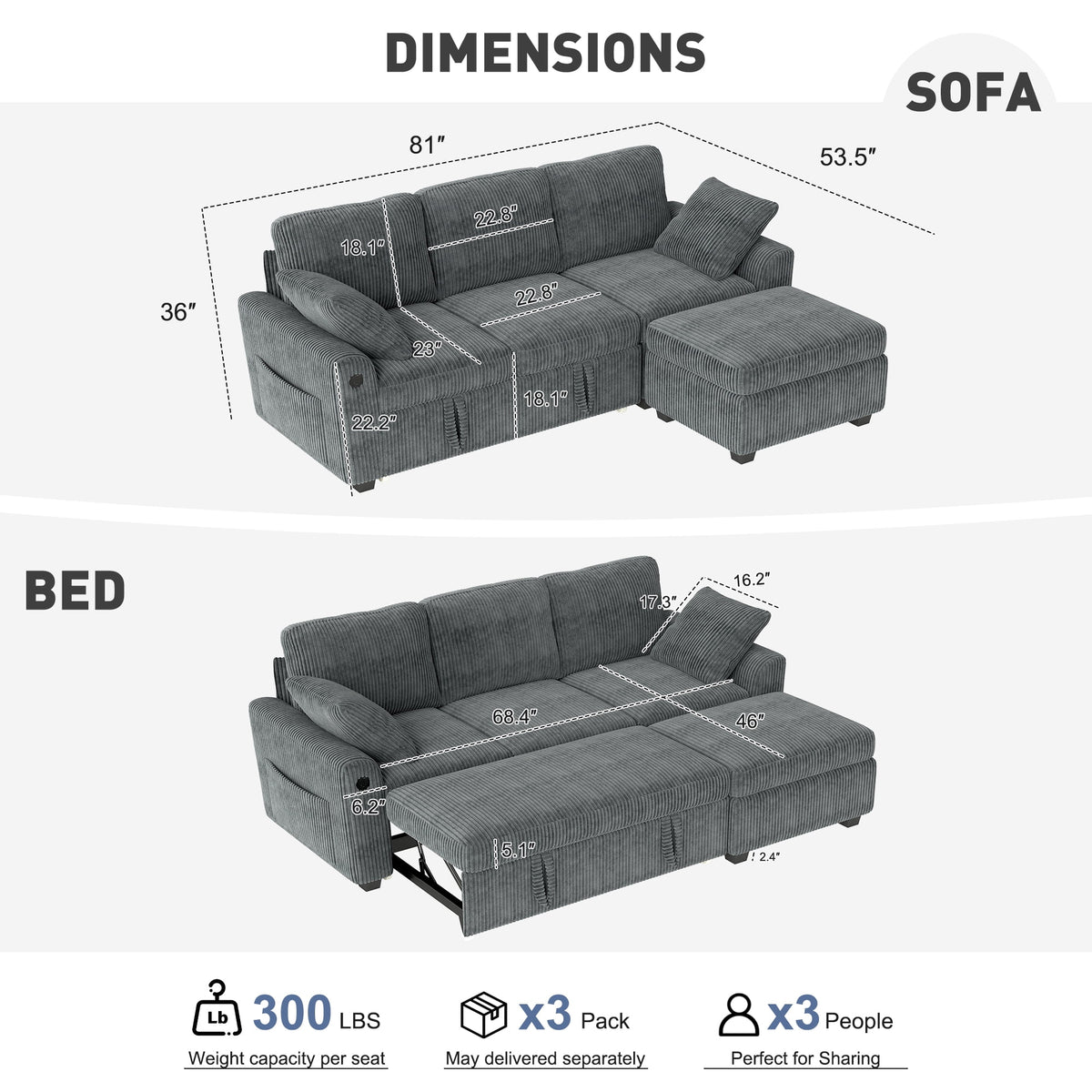  81" Sectional Sleeper Sofa With Pull Out Bed, Storage Ottoman & USB Charging, L Shape Modern Couch for Living Room, Corduroy Gray