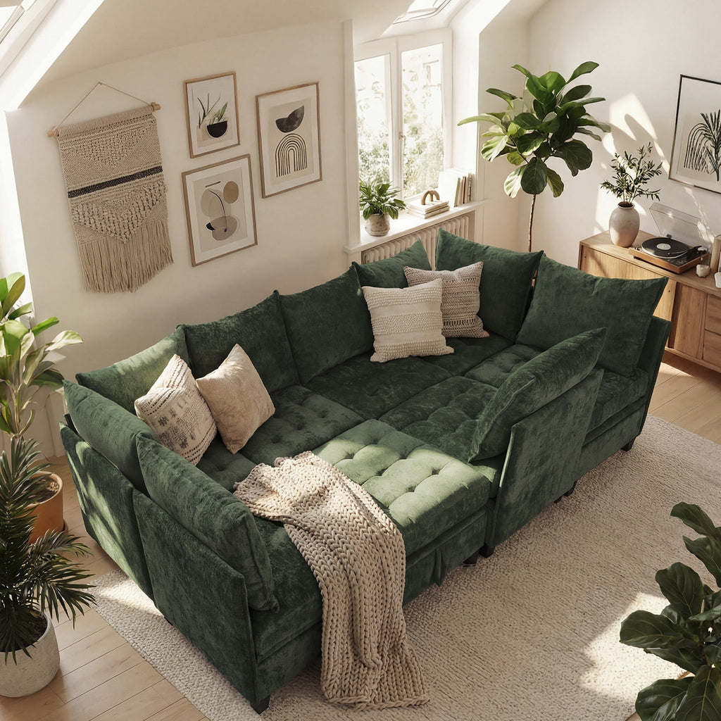 Advwin 7-Seater Oversized Modular Sectional Sofa with Ottoman & Storage Under Each Seat, Chenille Convertible Comfy Couch Sleeper with Extra Wide & Deep Seat for Living Room, Dark Green