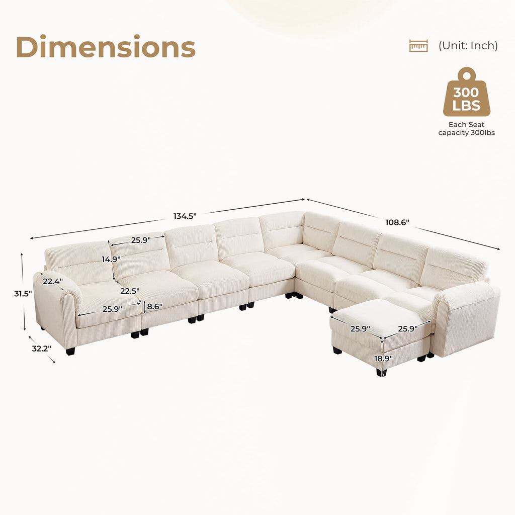  Convertible Sectional Sofa Modular Sofa with Ottoman, Freely Combinable Configurable Couch for Living Room Oat