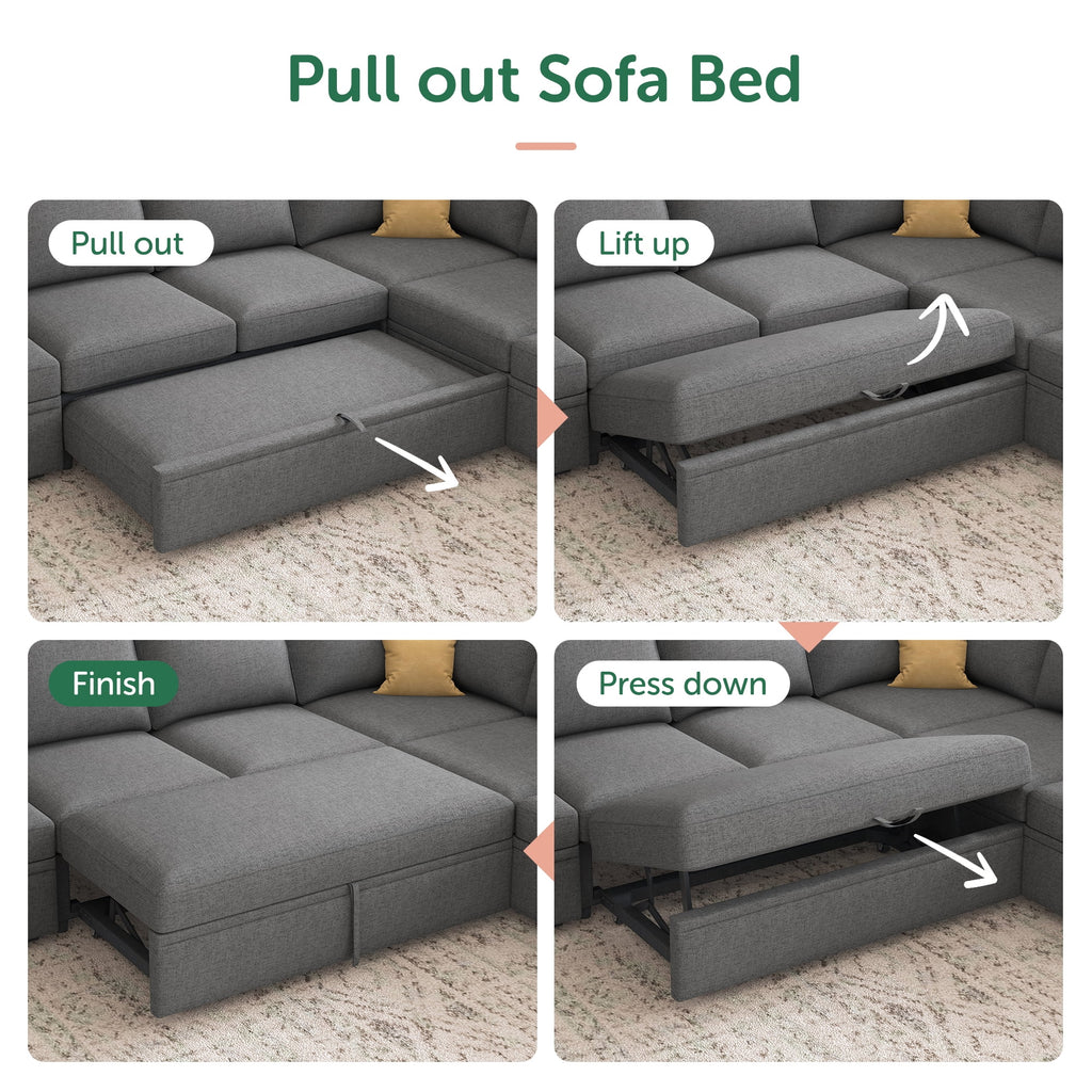 Marrber 7 Pieces Oversized Modular Sectional Sleeper Sofa with Pull-Out Bed and Storage Seats for Living Room, Linen Grey