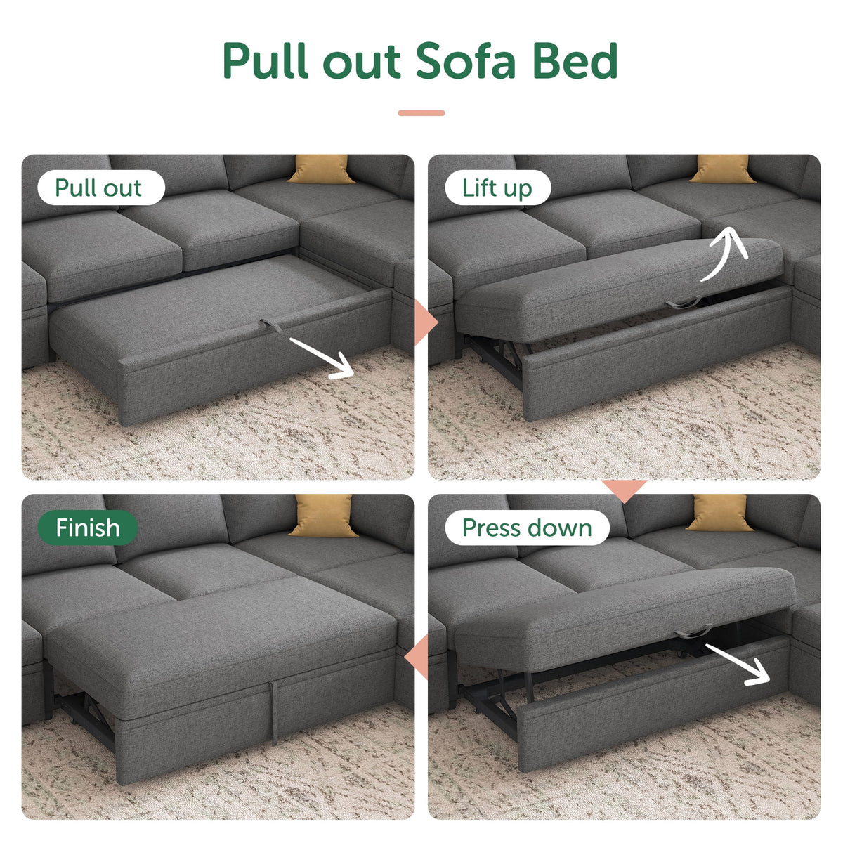 Marrber 7 Pieces Oversized Modular Sectional Sleeper Sofa with Pull-Out Bed and Storage Seats for Living Room, Linen Grey