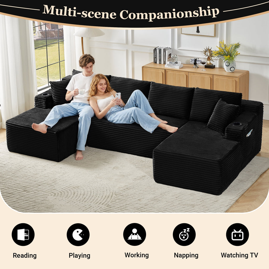  125 Inch Modular Cloud Couch Sectional Sofa for Living Room, Modern Corduroy Boneless Couch, Upholstered Deep Seat U Shape Sofas Couches, No Assembly Required, Black